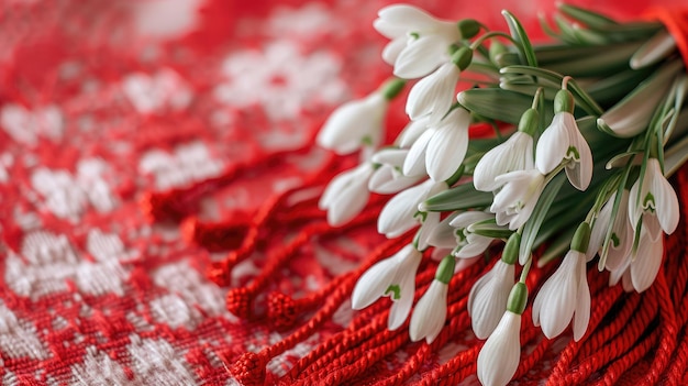 Un ramo de gotas de nieve flores de cuerda roja y blanca con borlas corazones en un fondo de madera tarjeta postal para la fiesta del 1 de marzo espacio para el texto