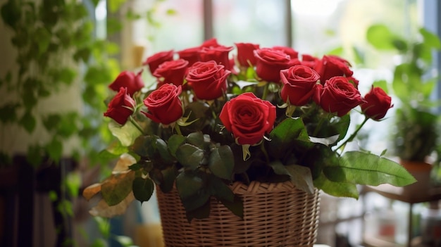 Ramo grande en caja redonda de rosas rojas Ramo en mano de mujer obra de la floris IA generativa