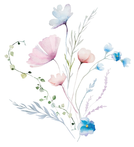 Ramo hecho con acuarela pastel flores silvestres y hojas ilustración de boda dibujada a mano