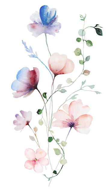 Ramo hecho con acuarela pastel flores silvestres y hojas ilustración de boda dibujada a mano