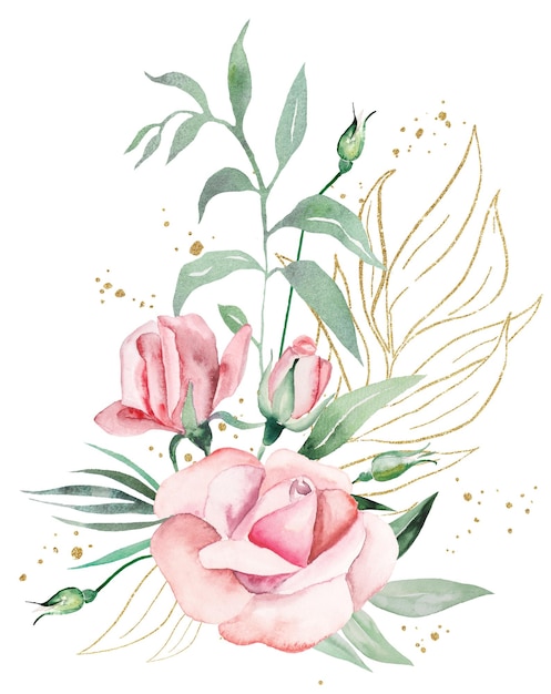 Ramo hecho de flores de acuarela rosa y hojas verdes ilustración aislada de boda y saludo