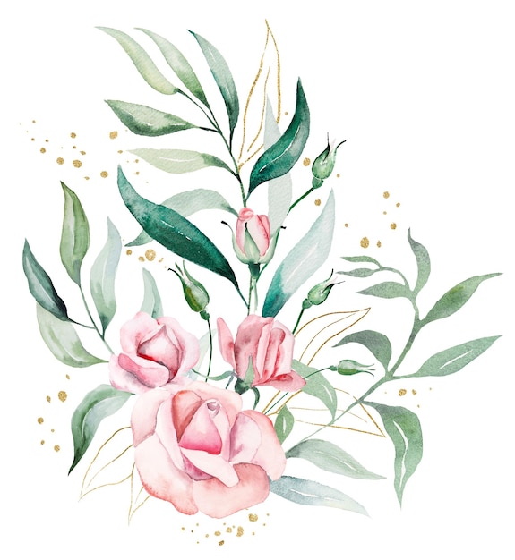 Ramo hecho de flores de acuarela rosa y hojas verdes ilustración aislada de boda y saludo