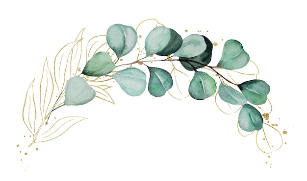 Foto ramo hecho de hojas de eucalipto acuarela verde y dorada ilustración de boda