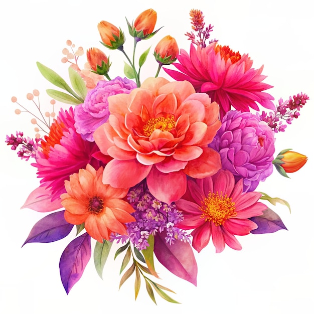 Ramo de hermosas flores de colores sobre un fondo blanco acuarela