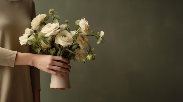 Ramo de hermosas flores verdes de invierno Helleborus en mano de mujer el trabajo de la f AI generativa