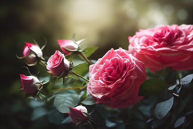 Foto ramo de hermosas rosas flores de color rosa sobre un fondo borroso ilustración 3d