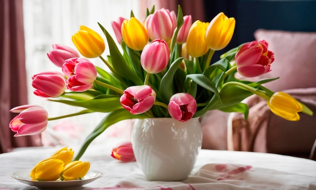 un ramo de hermosos tulipanes en la habitación enfoque selectivo