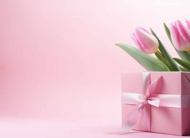 Ramo de hermosos tulipanes rosas y caja de regalo sobre fondo rosa