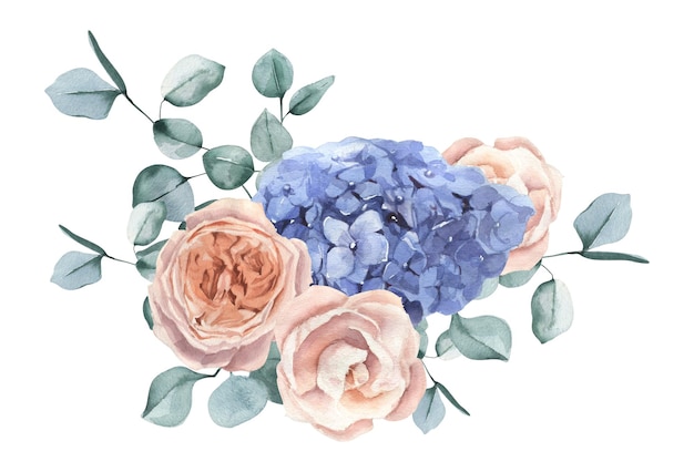 Ramo de hortensias y eucaliptos de rosas dibujadas a mano en acuarela Perfecto para invitación y redes sociales