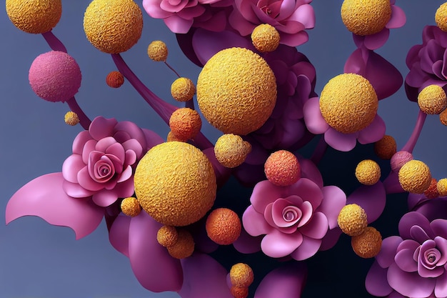 Ramo de ilustración 3D de flores y hojas