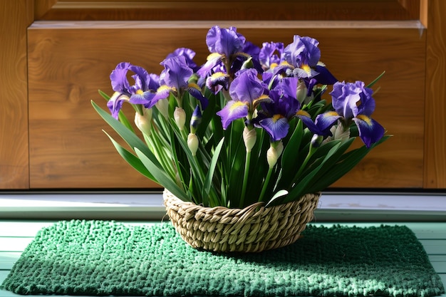 Un ramo de iris en una canasta descansando en una alfombra verde de la puerta