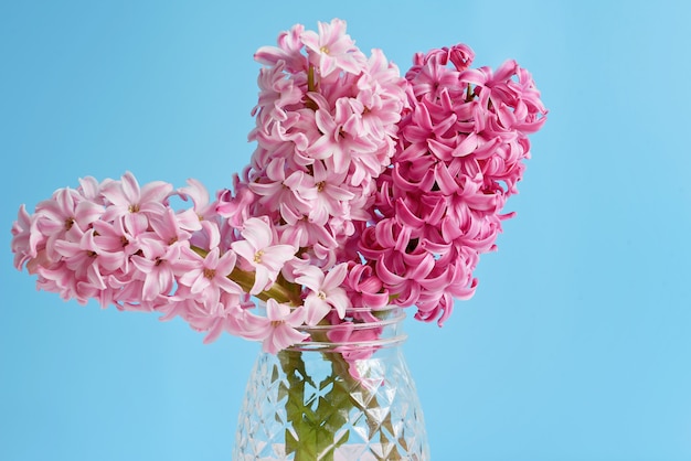 Foto ramo de jacinto de flores de primavera en florero de vidrio.