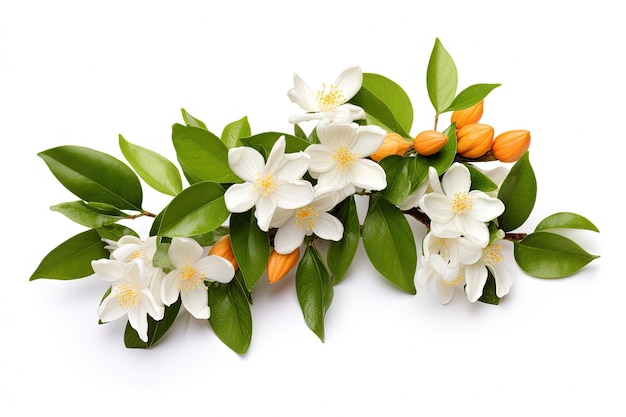 Ramo laranja isolado com botões de flores brancas e folhas em flor branca de Neroli