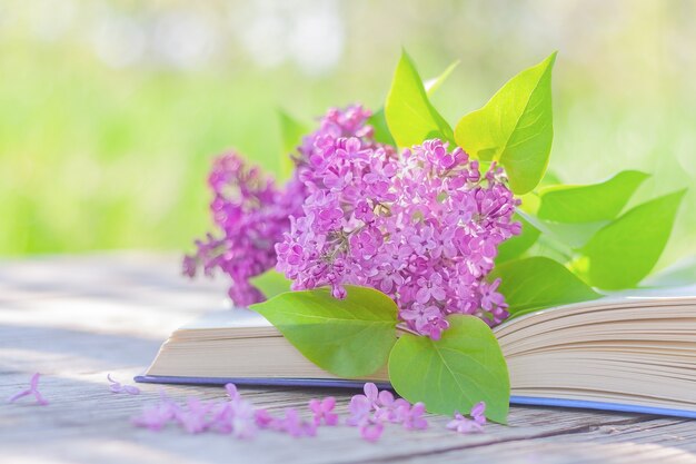 Un ramo de lilas en flor en las páginas de un libro abierto sobre una mesa en el jardín