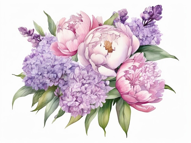Ramo de lilas y peonías en el estilo de la pintura en acuarela aislada sobre un fondo blanco
