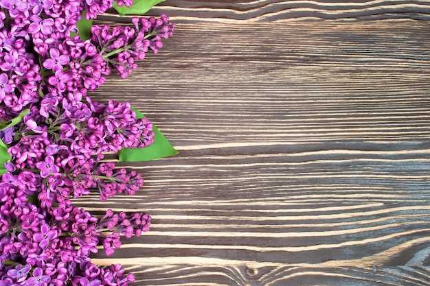 El ramo de lilas sobre un fondo de madera marrón. Vista superior