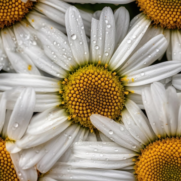 Un ramo de margaritas con gotas de lluvia sobre ellas.