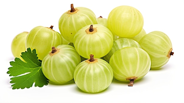 un ramo de melones verdes con hojas verdes sobre un fondo blanco.