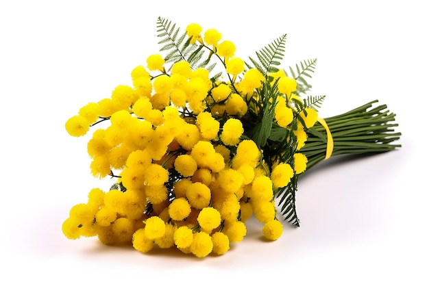 Foto ramo de mimosa de flores amarillas frescas de primavera aislado en fondo blanco ia generativa