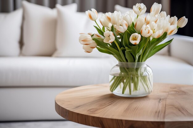 Ramo mínimo de tulipanes en la mesa de café cerca del sofá en primer plano Decoración floral de temporada