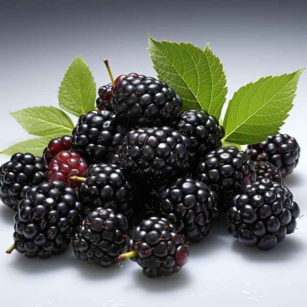 un ramo de moras con una hoja verde en él