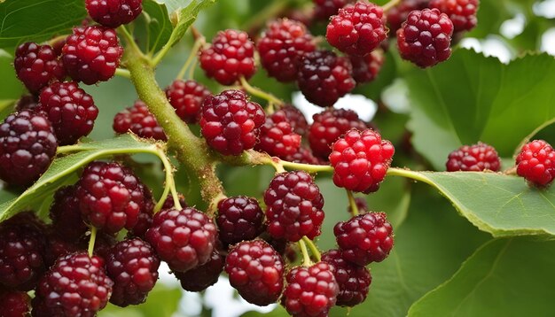 Foto un ramo de moras con hojas verdes y un fondo rojo