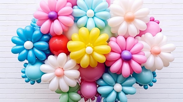 Foto ramo multicolor de flores hecho de globos aislados sobre un fondo blanco celebración con un