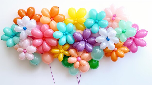 Ramo multicolor de flores hecho de globos aislados sobre un fondo blanco