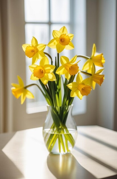 Foto ramo de narcisos amarillos en un jarrón de vidrio cuidado interior belleza tarjetas postales flores atención g