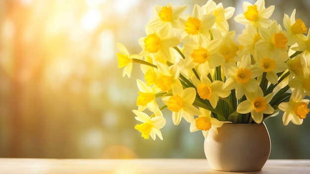 Ramo de narcisos en un jarrón en la ventana Primavera