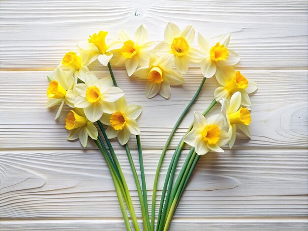 Foto un ramo de narcisos con un marco en forma de corazón