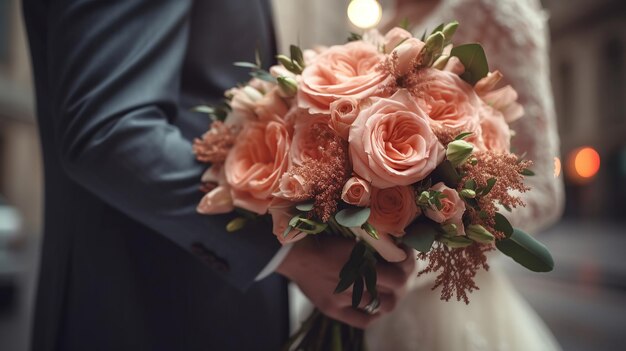 Ramo de novia en manos de la novia y el novio en el día de la boda IA generativa