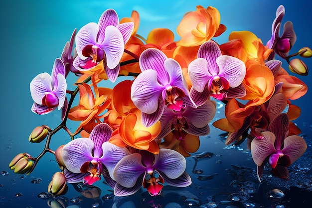 Ramo de orquídeas con un reflejo en un par de elegantes tacones altos