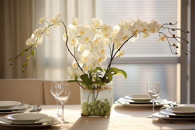 Ramo de orquídeas con un reflejo en un par de elegantes tacones altos