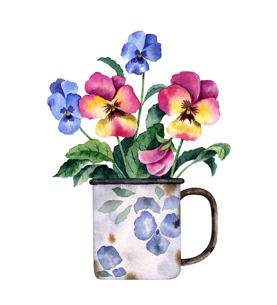 Ramo de pensamientos multicolores en una antigua taza de estilo rústico pintada con flores de pensamientos