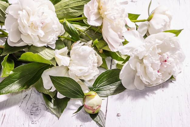 Ramo de peonías blancas frescas. Flores delicadas de verano, concepto de regalo romántico. Arreglo floral, luz dura de moda, sombras oscuras. Fondo de tablones blancos viejos