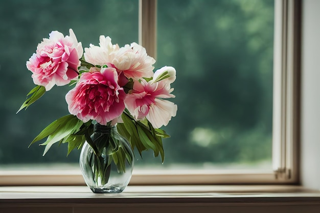 Ramo de peonías en un florero de cristal en la ventana