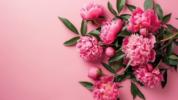 un ramo de peonías en un fondo rosa que presenta el concepto perfecto para el Día de la Madre, el Día de San Valentín y las celebraciones de cumpleaños con espacio de copia es ideal para una tarjeta de felicitación