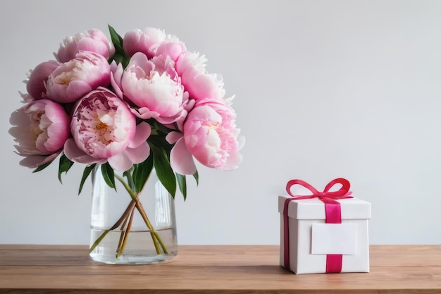 ramo de peonías rosas en un jarrón de vidrio y una caja de regalos en la mesa