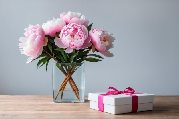 ramo de peonías rosas en un jarrón de vidrio y una caja de regalos en la mesa