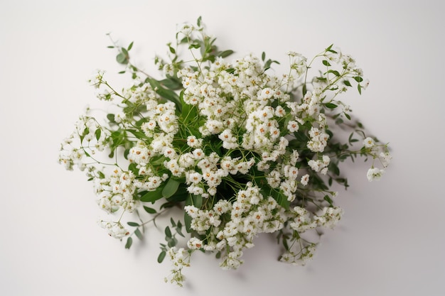 Un ramo de pequeñas flores blancas sobre un fondo blanco.