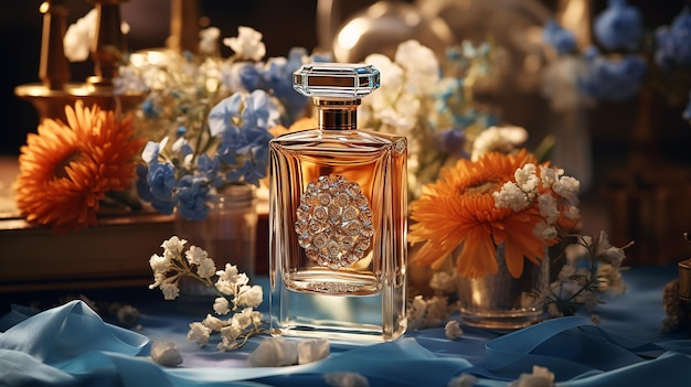 Un ramo de perfumes y flores con un frasco de perfume sobre la mesa.