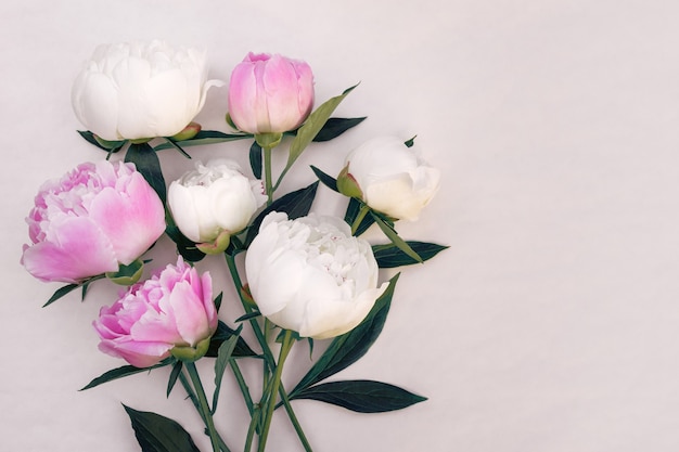 Ramo de primer plano de peonías rosas y blancas con espacio de copia para el diseño.