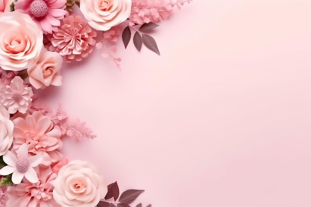 Ramo romántico de flores rosas florales en blanco con espacio de copia Diseño de marco de rosa floral natural