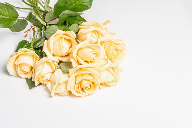 Ramo de rosas beige delicado aislado en superficie blanca