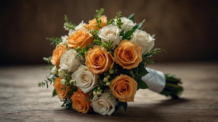 un ramo de rosas blancas con una cinta blanca
