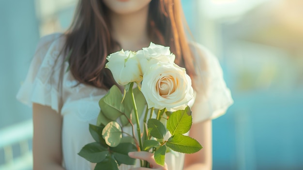 Un ramo de rosas blancas en las manos de una hermosa chica.