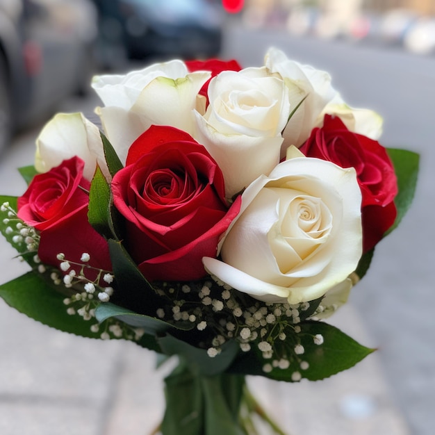 un ramo de rosas blancas con rosas rojas y blancas