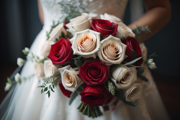 El ramo de rosas de la boda en las manos de la novia ai generativo