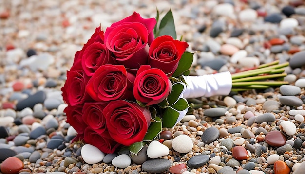 un ramo de rosas de bodas en guijarros de playa